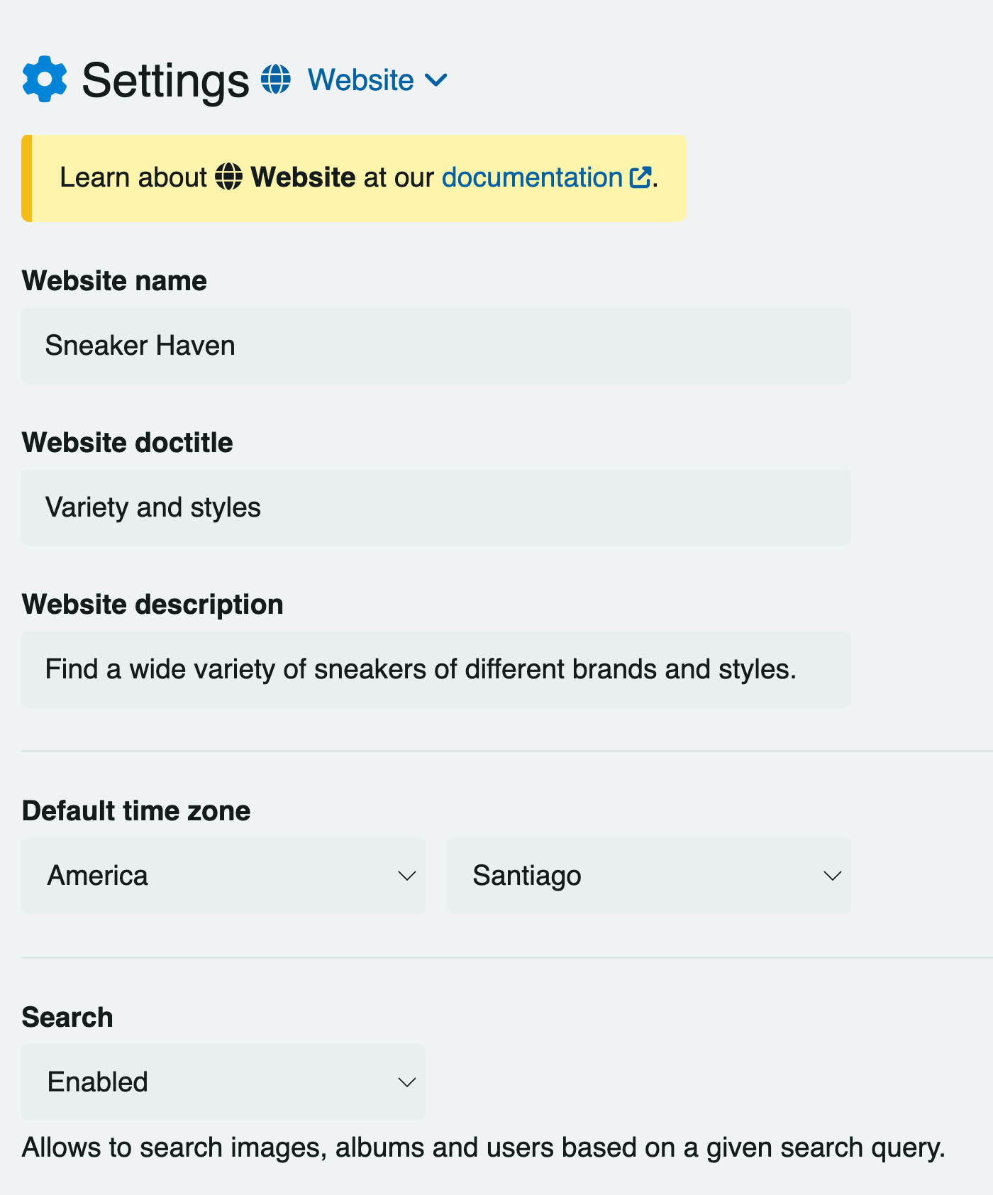 Settings > Website