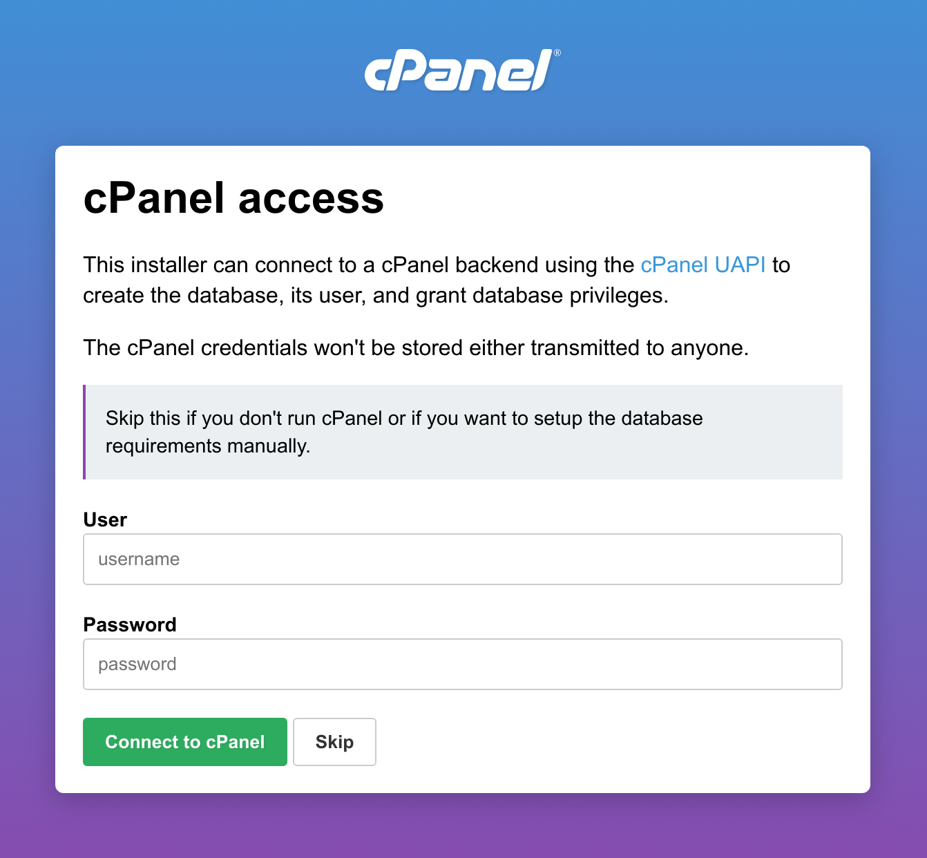 Installer cPanel screen